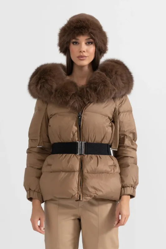 Puffer Jacket With Waistbelt And Brown Fox Fur-Lined Hood - Brown made by Sierra darien