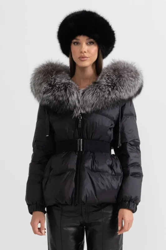 Puffer Jacket With Waistbelt And Gray Fox Fur-Lined Hood - Black made by Sierra darien