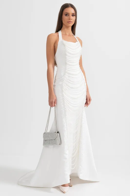 Exquisite Satin Evening Gown With Pearls - White made by Sierra darien