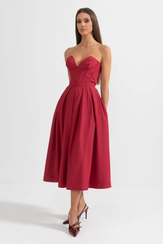 Sophisticated Strapless Midi Dress with Fitted Bodice - Burgundy made by Sierra darien