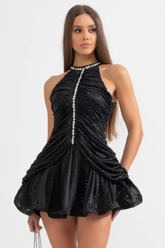 Sleeveless Halter Dress with Pearl Accents - Black made by Sierra darien