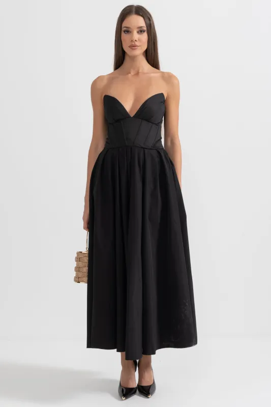 Sophisticated Strapless Midi Dress with Fitted Bodice - Black made by Sierra darien