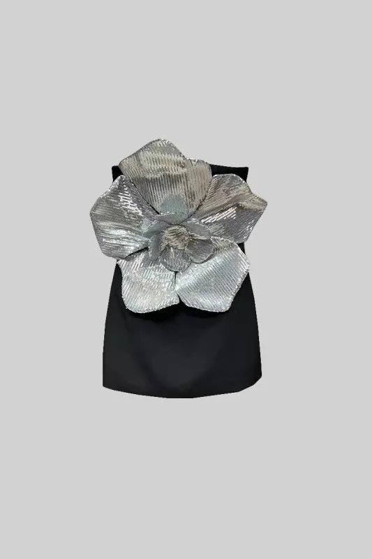 Voluminous Silver Flower Mini Dress - Black made by Sierra darien