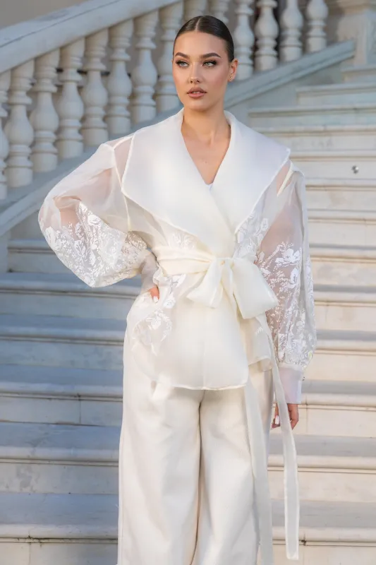 Organza Blazer with Floral Print and Puffy Sleeves - White made by Sierra darien