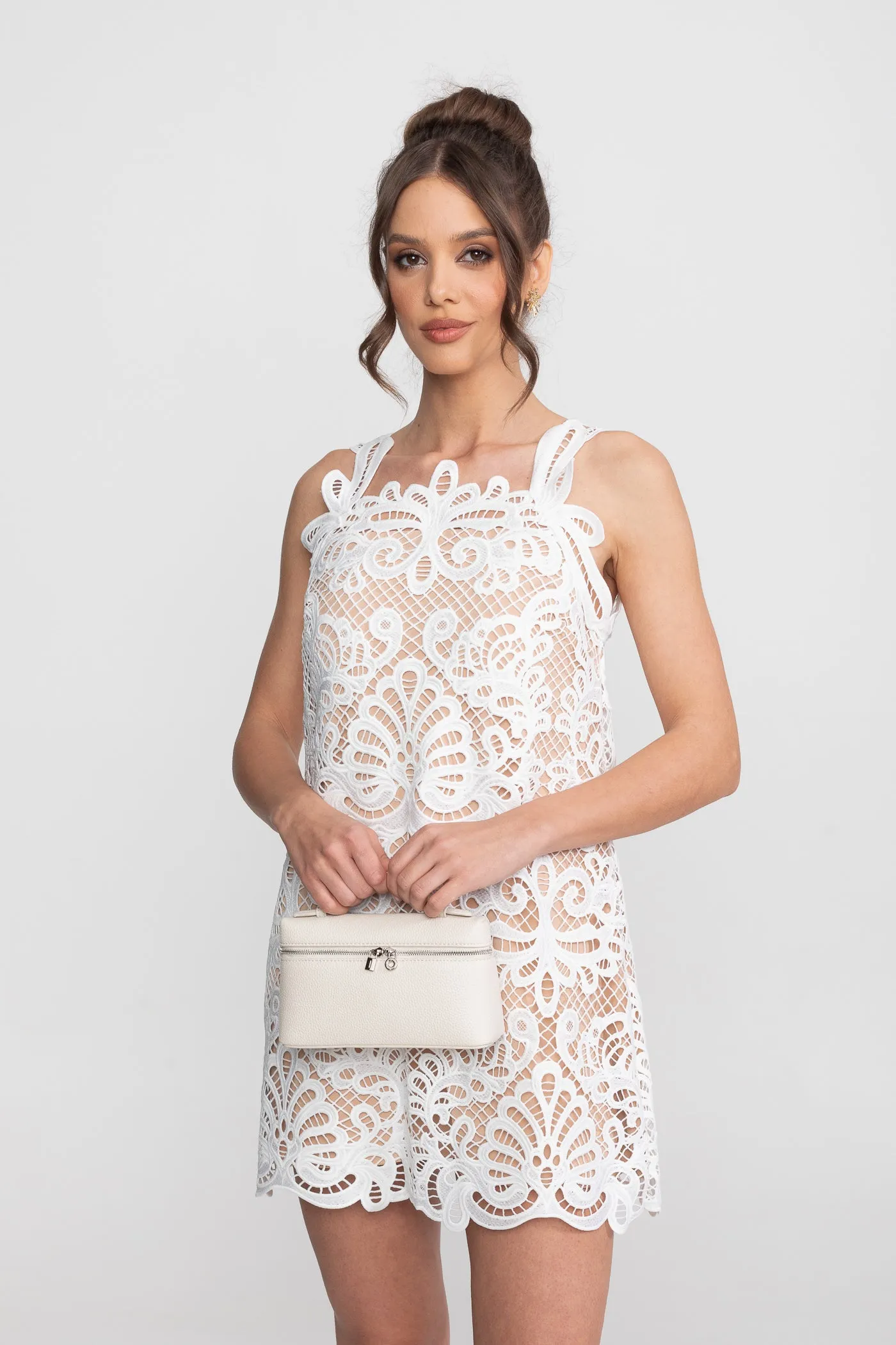 Guipure Lace Sleeveless Mini Dress With Scallop Hem - White sold by Sierra darien