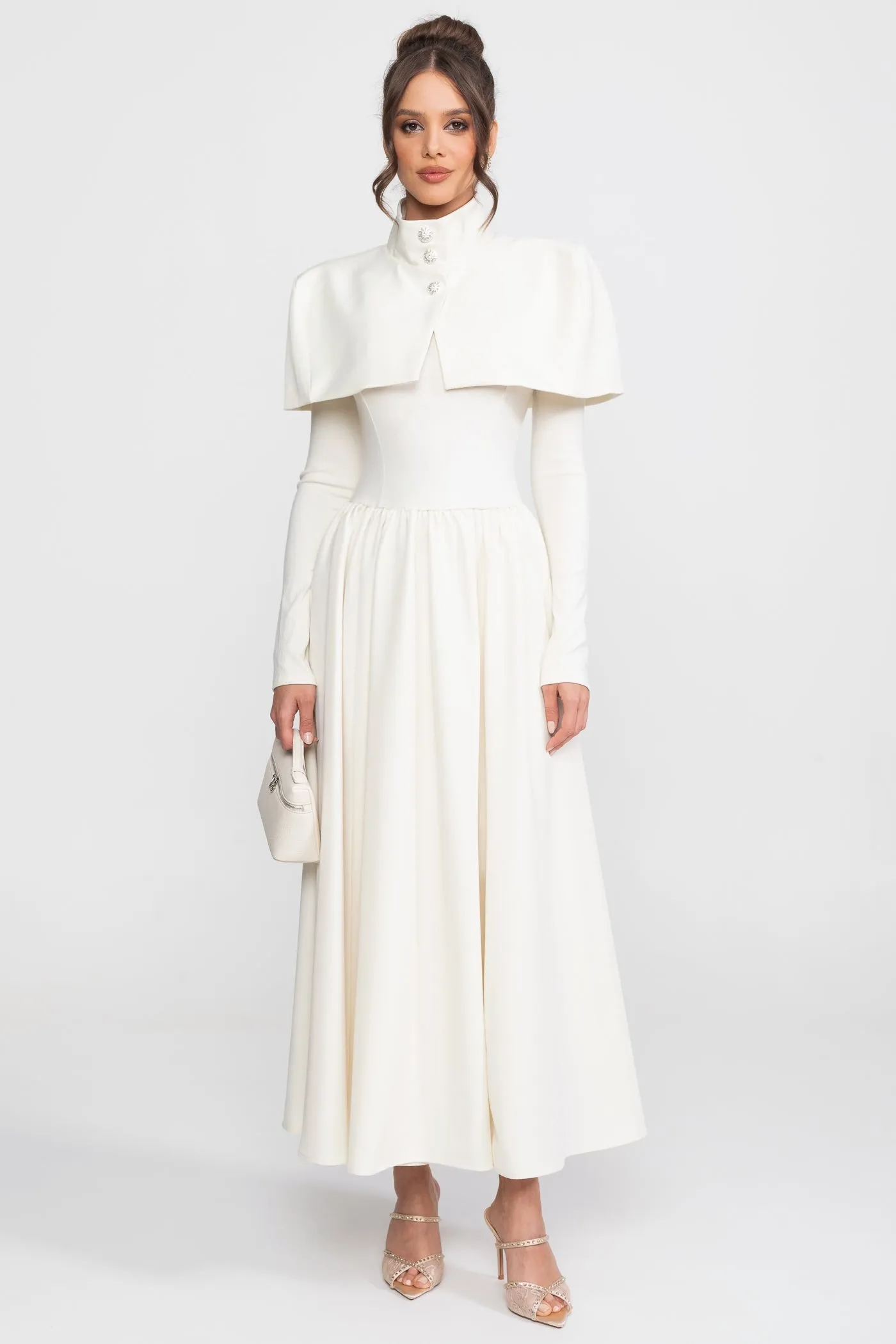 High-Neck Maxi Dress With Attached Capelet And Long Sleeves - White sold by Sierra darien