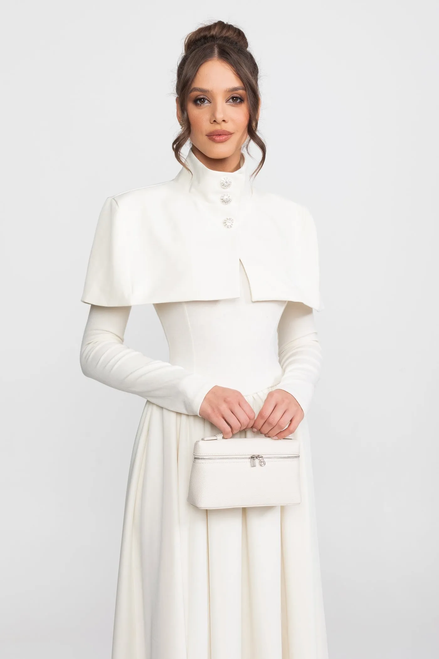 High-Neck Maxi Dress With Attached Capelet And Long Sleeves - White sold by Sierra darien product image thumbnail 3