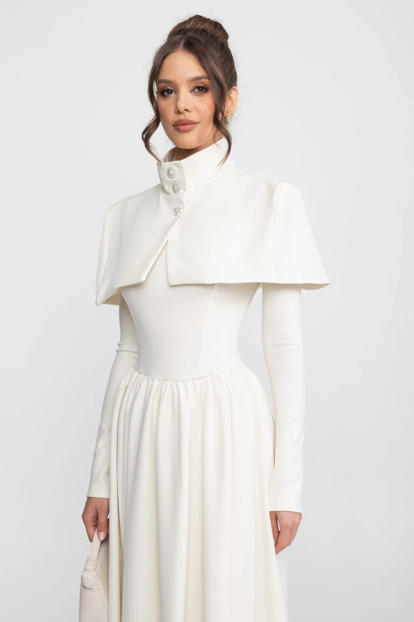 High-Neck Maxi Dress With Attached Capelet And Long Sleeves - White sold by Sierra darien product image thumbnail 4