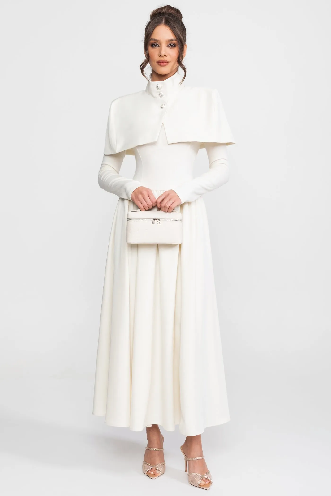 High-Neck Maxi Dress With Attached Capelet And Long Sleeves - White sold by Sierra darien product image thumbnail 2