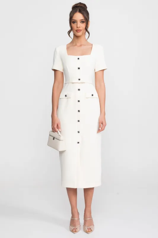 Square-Neck Button-Through Midi Dress With Jewel Buttons - White made by Sierra darien