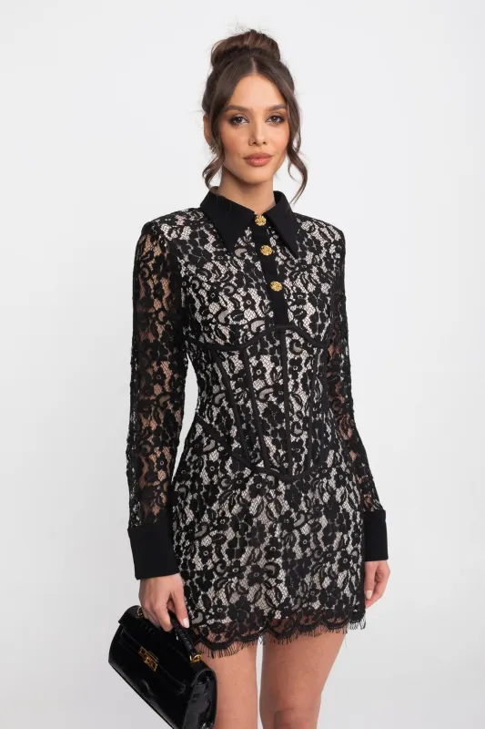 Long Sleeved Lace Mini Dress With Scallop Hem - Black made by Sierra darien
