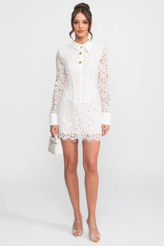 Long Sleeved Lace Mini Dress With Scallop Hem - White made by Sierra darien