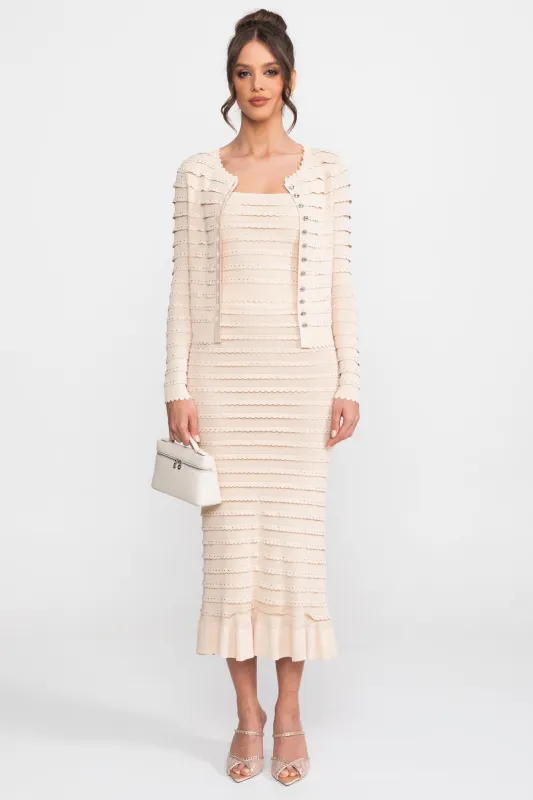Textured Knit 3 Piece Set With Blazer, Top and Midi Skirt - Beige made by Sierra darien