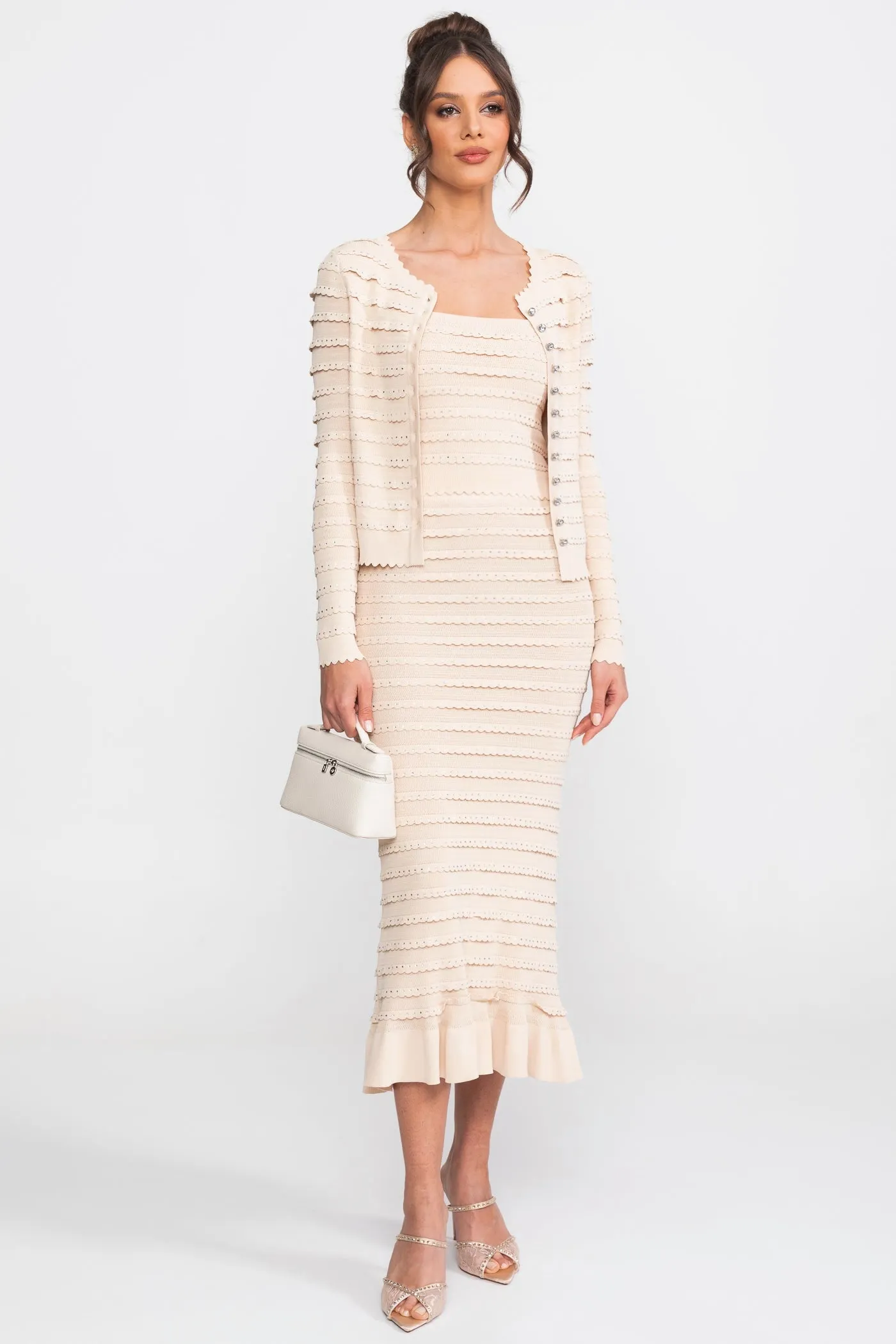 Textured Knit 3 Piece Set With Blazer, Top and Midi Skirt - Beige sold by Sierra darien product image thumbnail 2