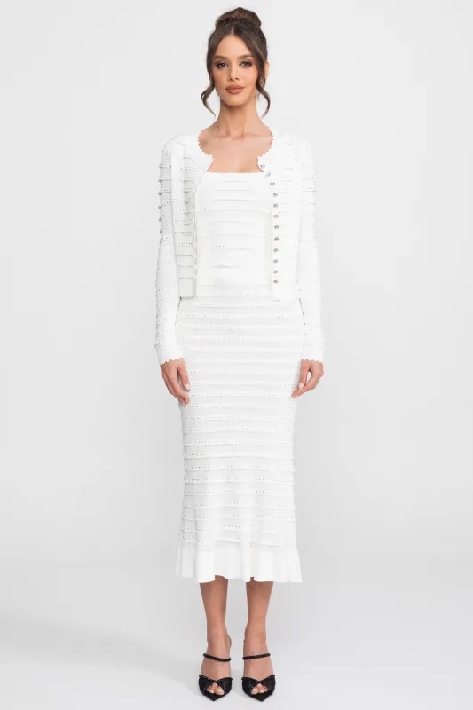 Textured Knit 3 Piece Set With Blazer, Top and Midi Skirt - White made by Sierra darien