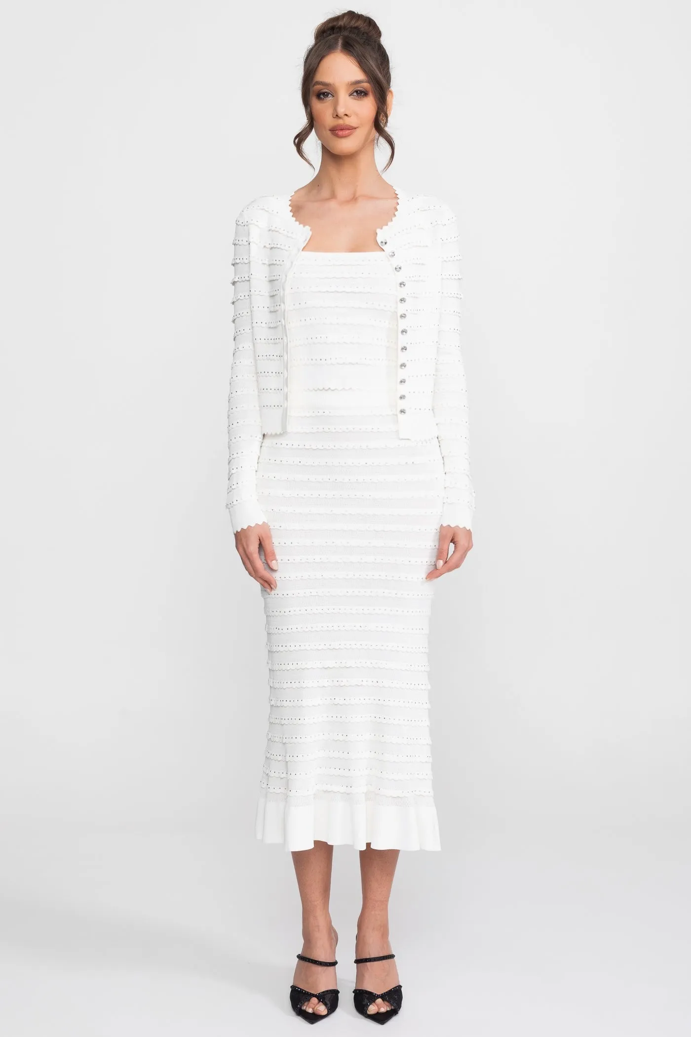 Textured Knit 3 Piece Set With Blazer, Top and Midi Skirt - White sold by Sierra darien