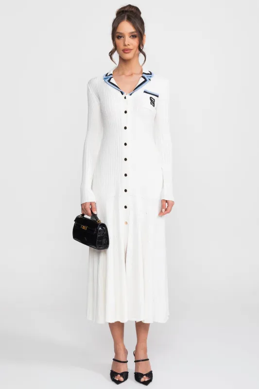 Long Sleeve Knit Midi Dress With Polo Collar And Monogram Patch - White made by Sierra darien