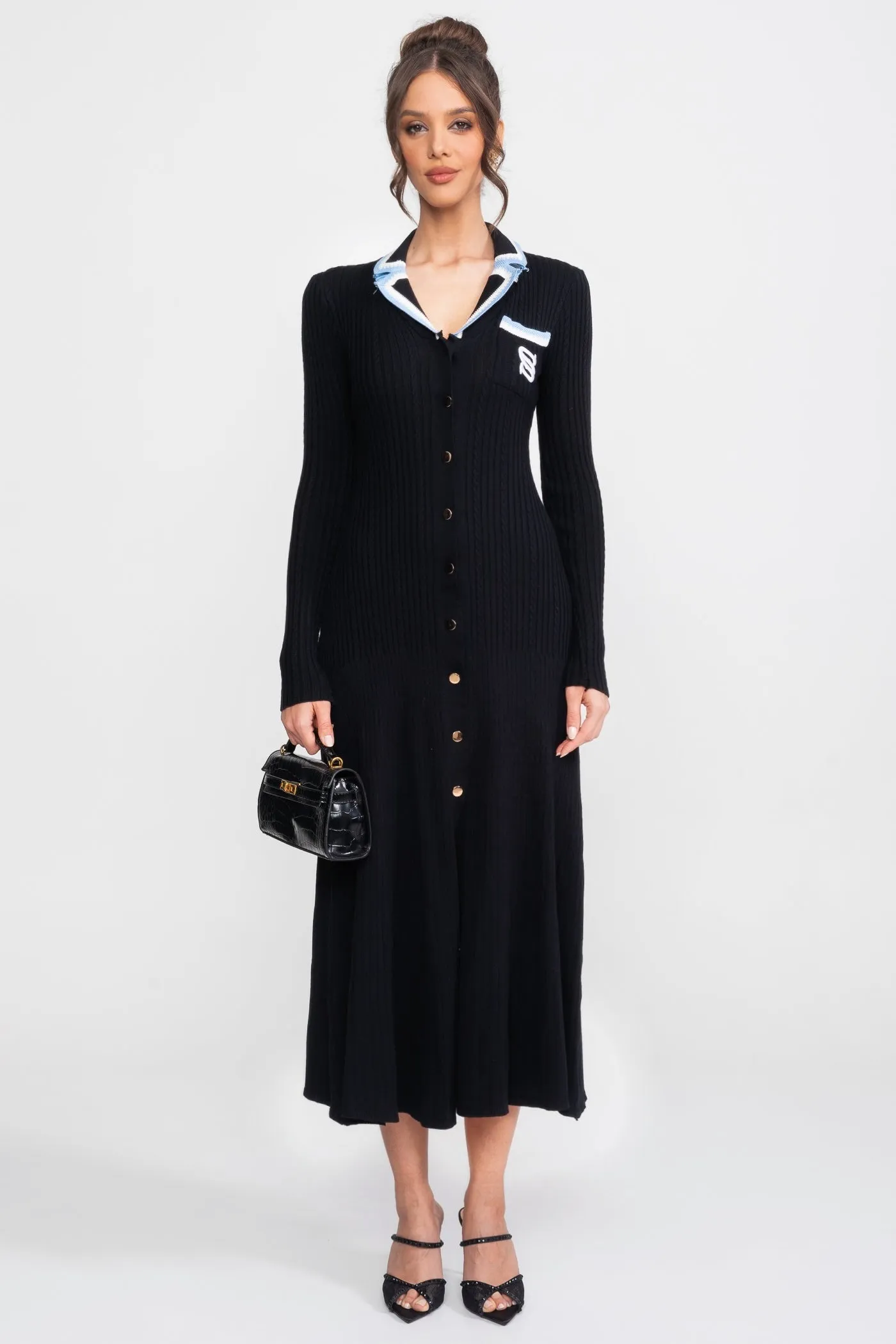Long Sleeve Knit Midi Dress With Polo Collar And Monogram Patch - Black sold by Sierra darien product image thumbnail 3
