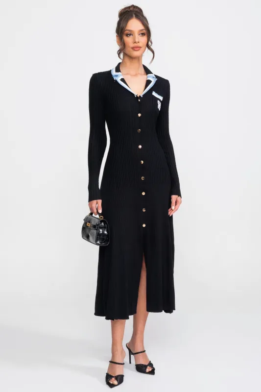 Long Sleeve Knit Midi Dress With Polo Collar And Monogram Patch - Black made by Sierra darien