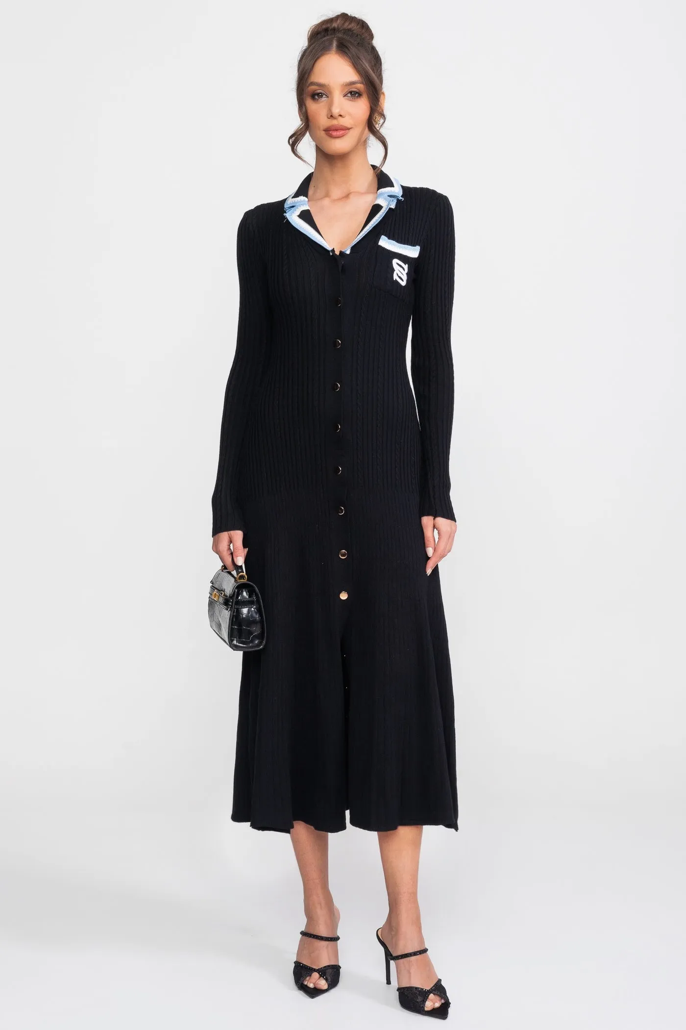 Long Sleeve Knit Midi Dress With Polo Collar And Monogram Patch - Black sold by Sierra darien product image thumbnail 2