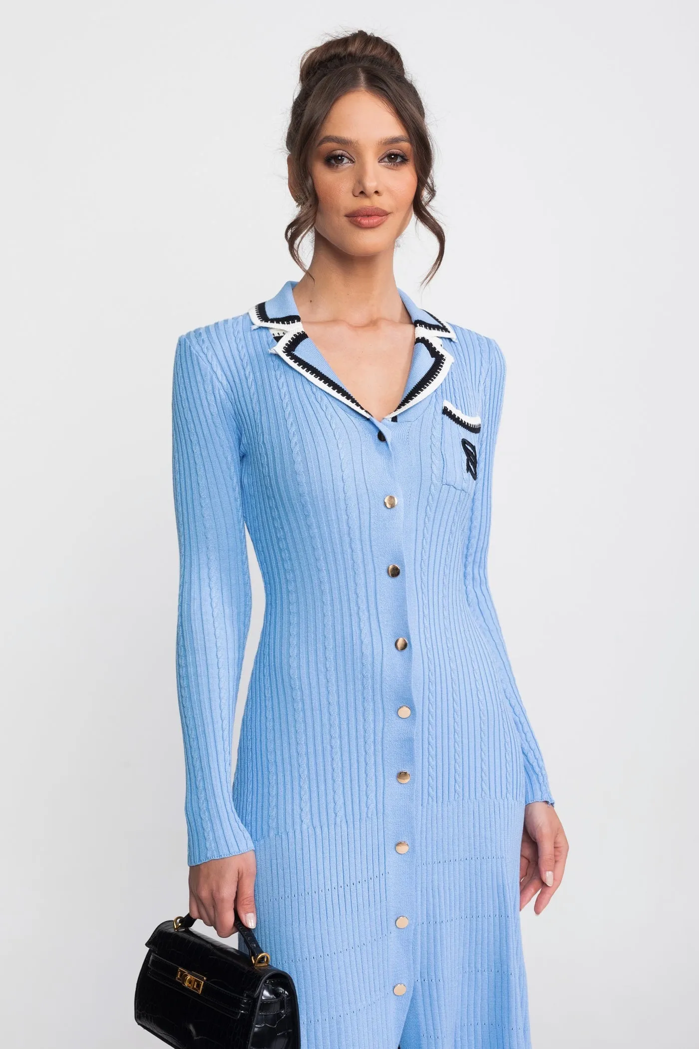 Long Sleeve Knit Midi Dress With Polo Collar And Monogram Patch - Blue sold by Sierra darien product image thumbnail 4