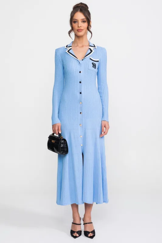 Long Sleeve Knit Midi Dress With Polo Collar And Monogram Patch - Blue made by Sierra darien