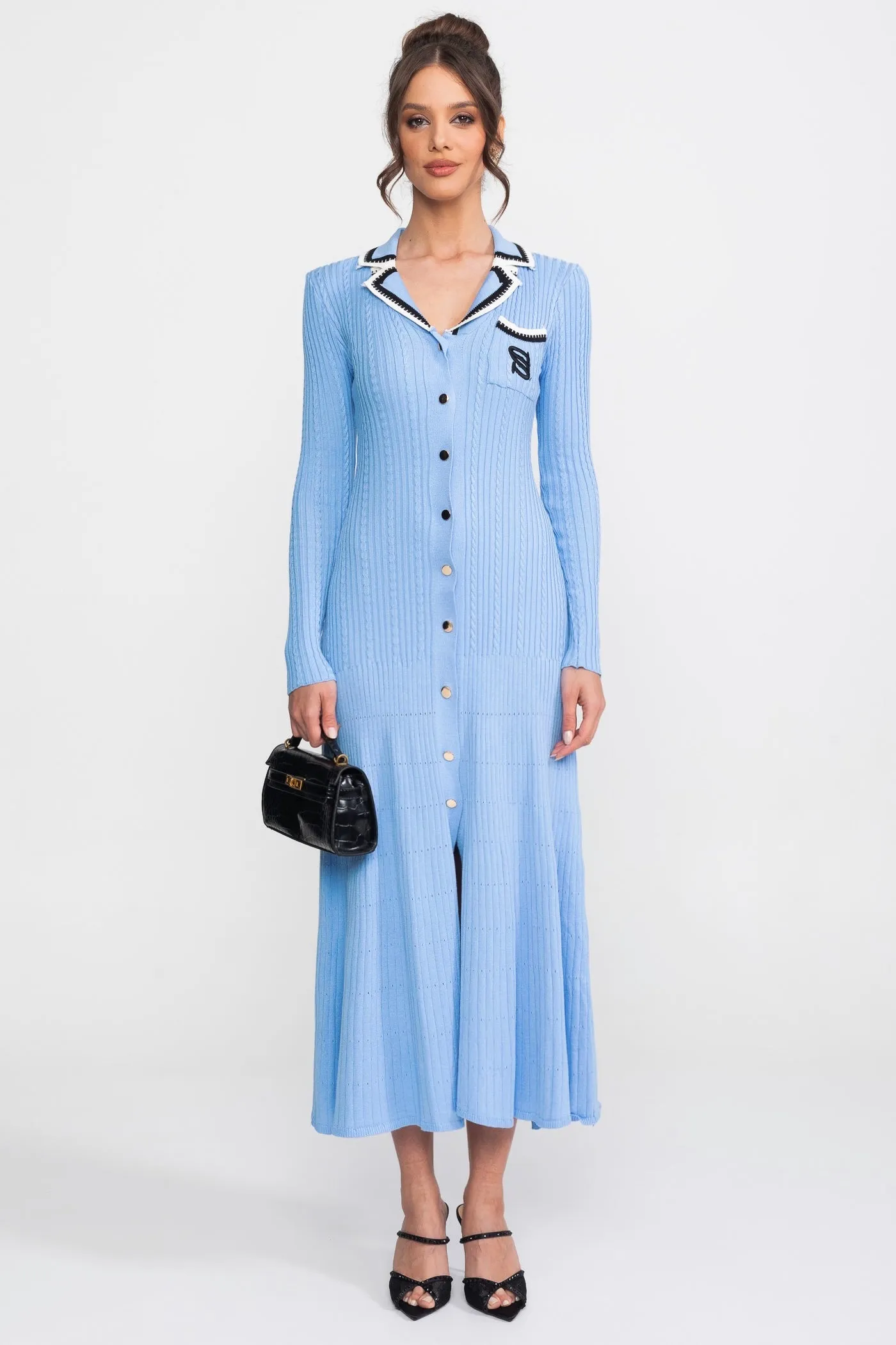 Long Sleeve Knit Midi Dress With Polo Collar And Monogram Patch - Blue sold by Sierra darien