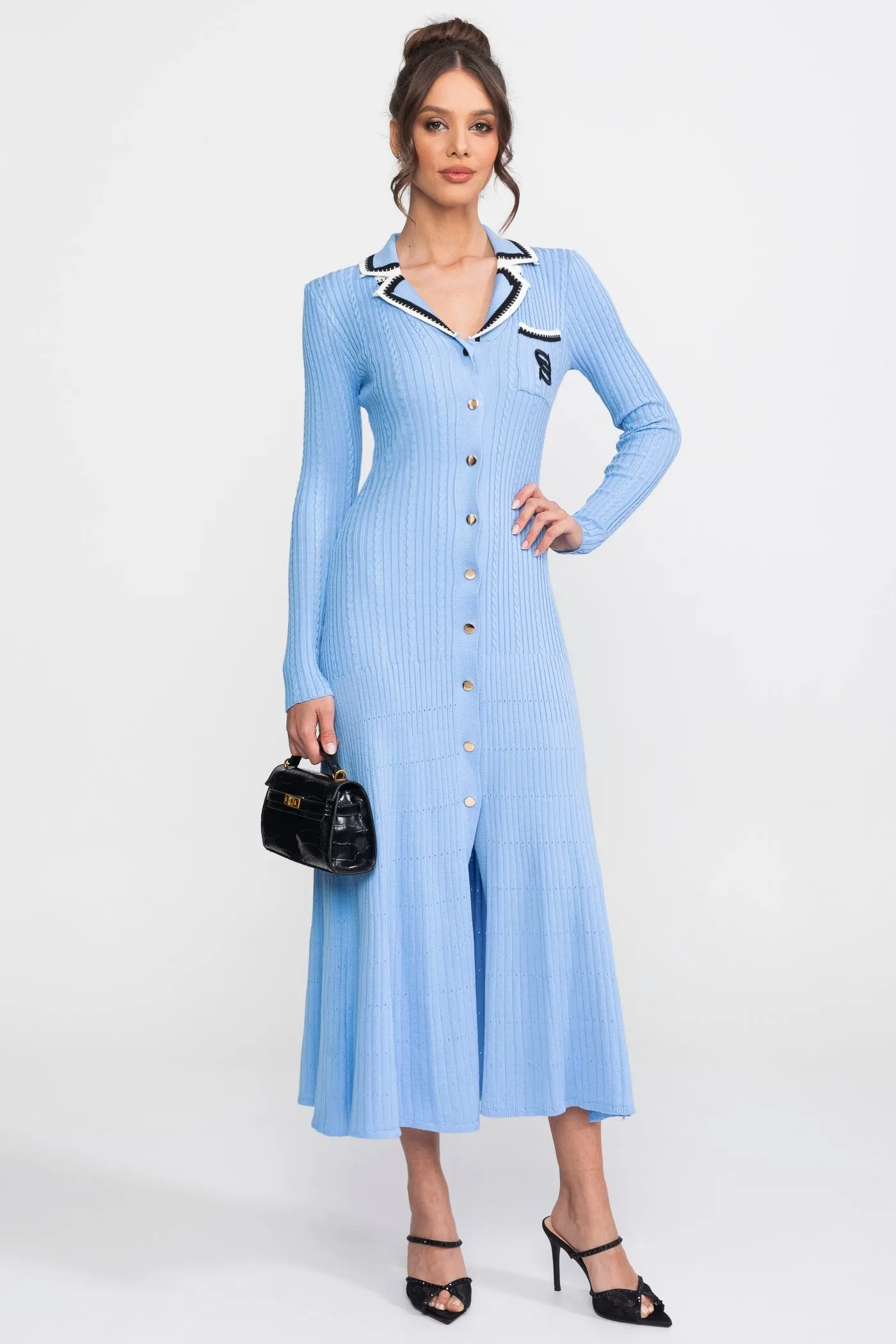 Long Sleeve Knit Midi Dress With Polo Collar And Monogram Patch - Blue sold by Sierra darien product image thumbnail 3