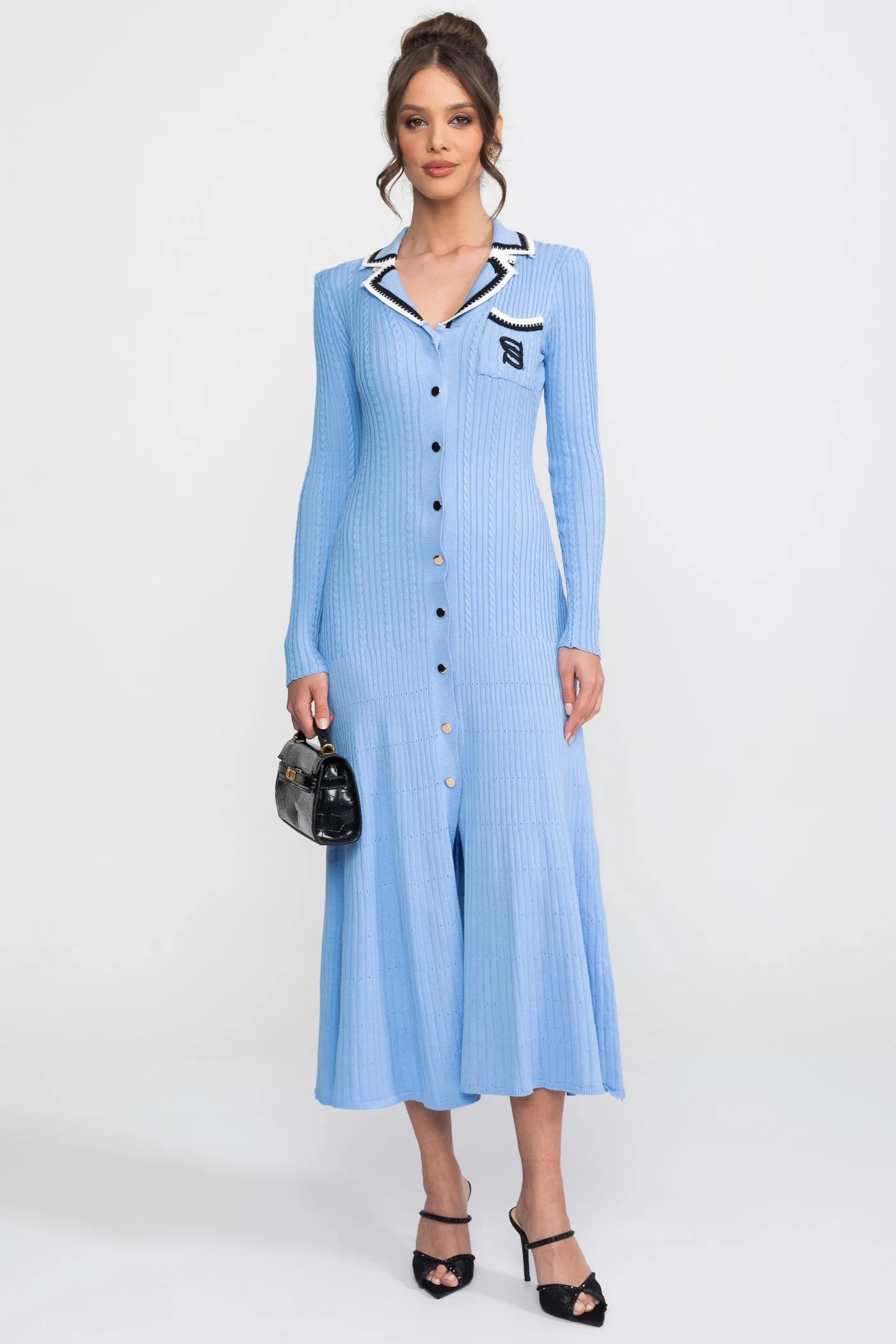 Long Sleeve Knit Midi Dress With Polo Collar And Monogram Patch - Blue sold by Sierra darien product image thumbnail 2