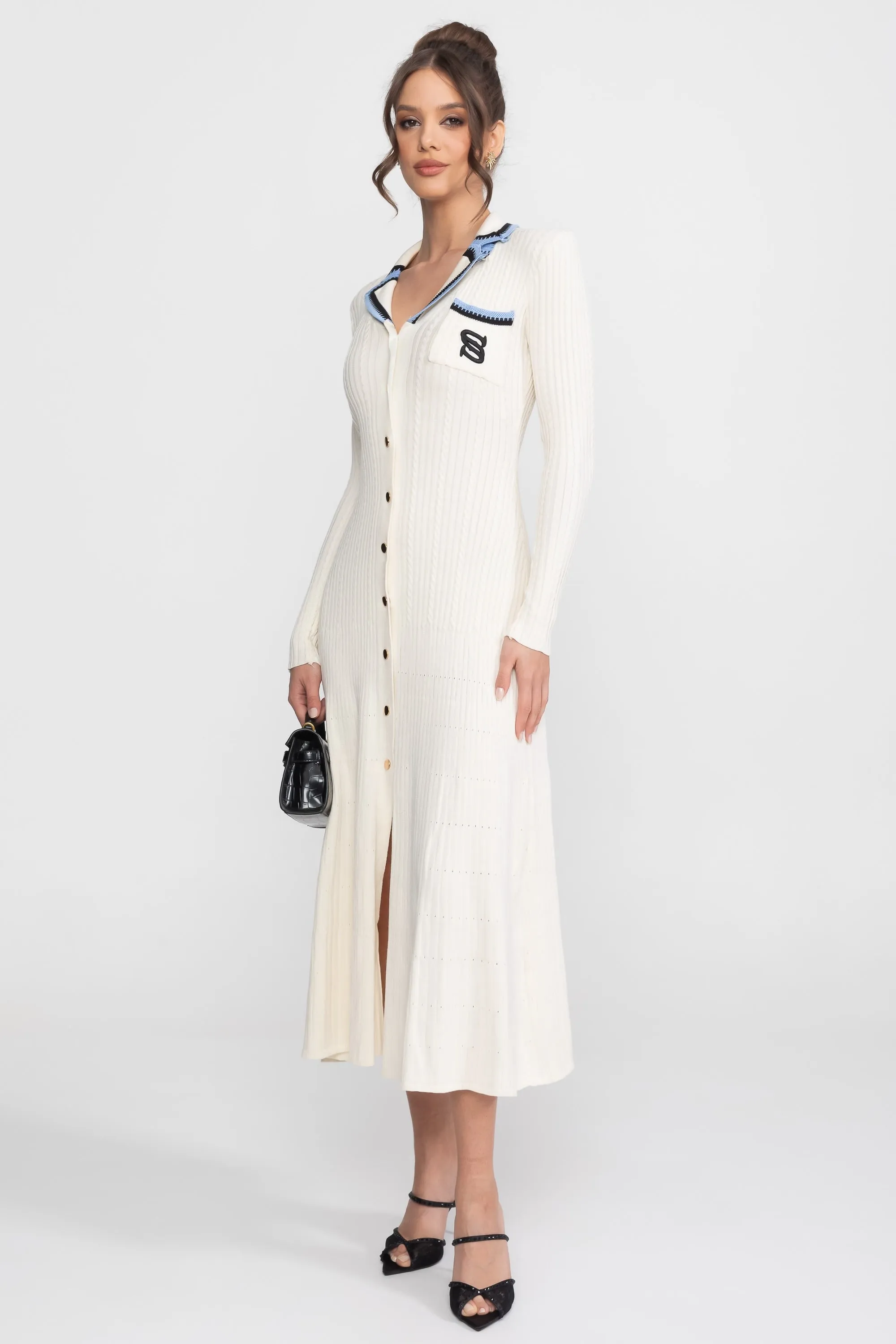 Long Sleeve Knit Midi Dress With Polo Collar And Monogram Patch - Ivoire sold by Sierra darien product image thumbnail 2