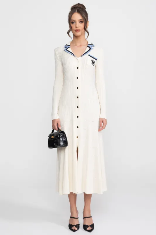 Long Sleeve Knit Midi Dress With Polo Collar And Monogram Patch - Ivoire made by Sierra darien