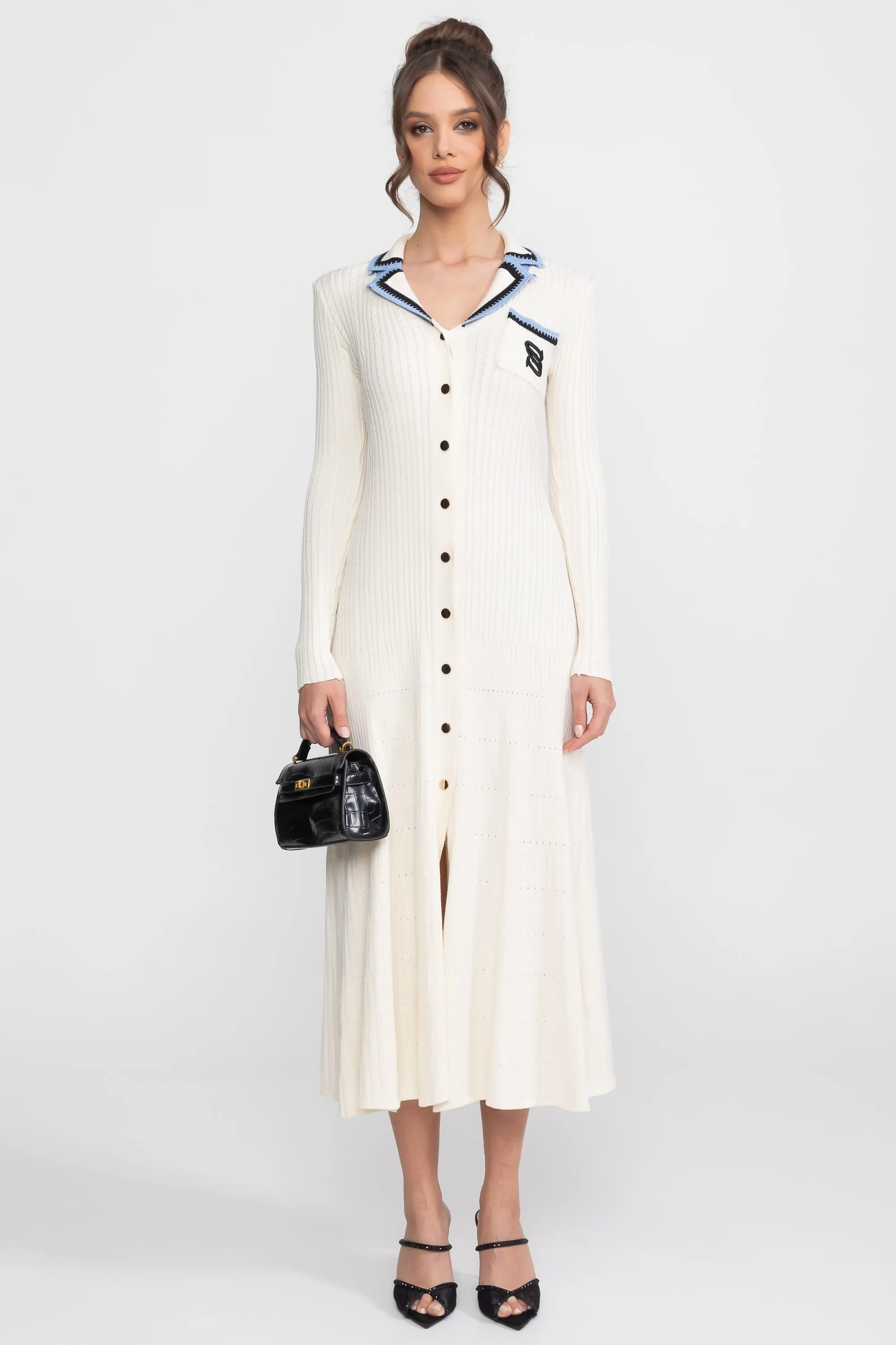 Long Sleeve Knit Midi Dress With Polo Collar And Monogram Patch - Ivoire sold by Sierra darien
