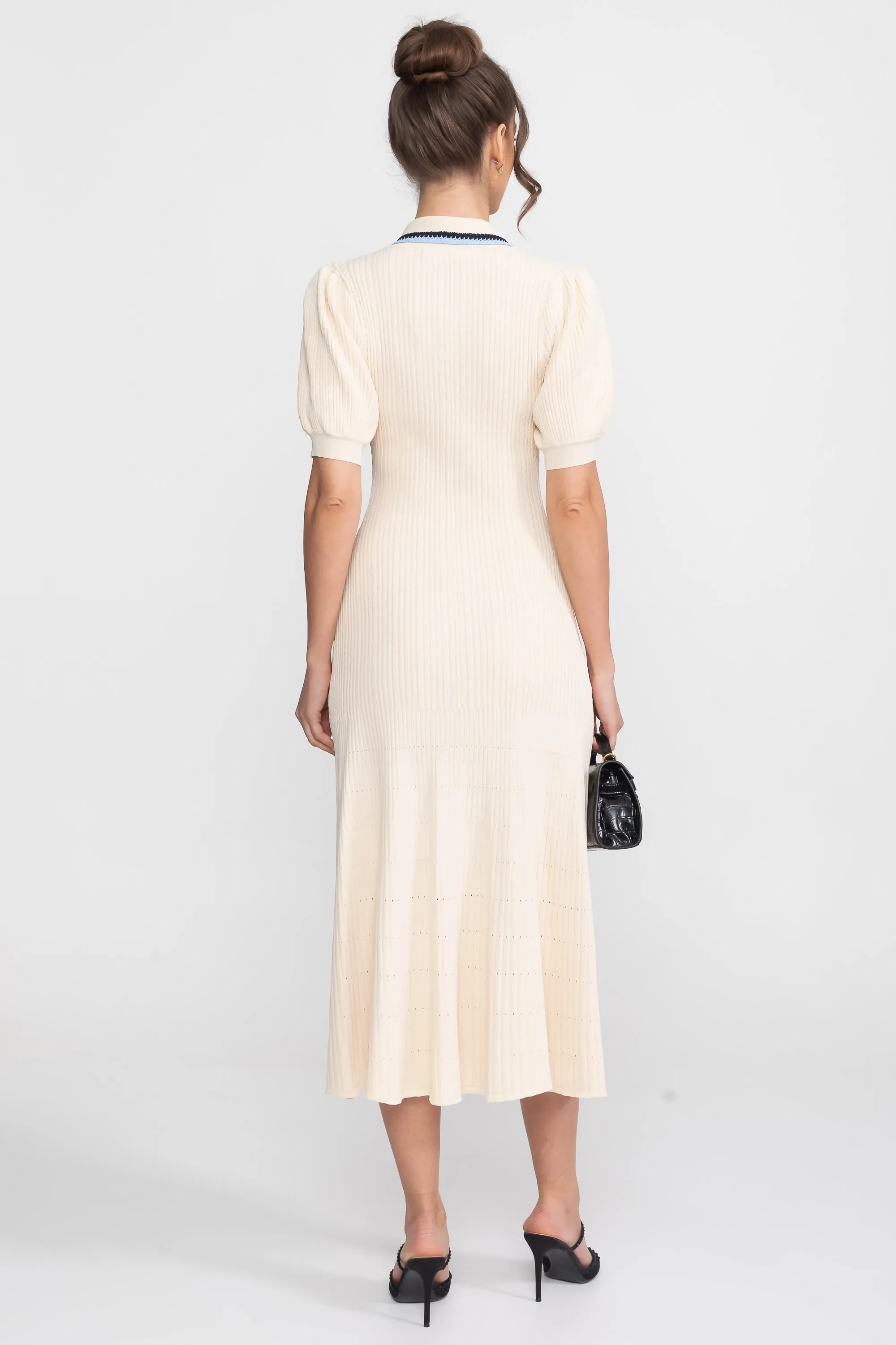 Short Sleeve Knit Midi Dress With Polo Collar And Monogram Patch - Cream sold by Sierra darien product image thumbnail 5
