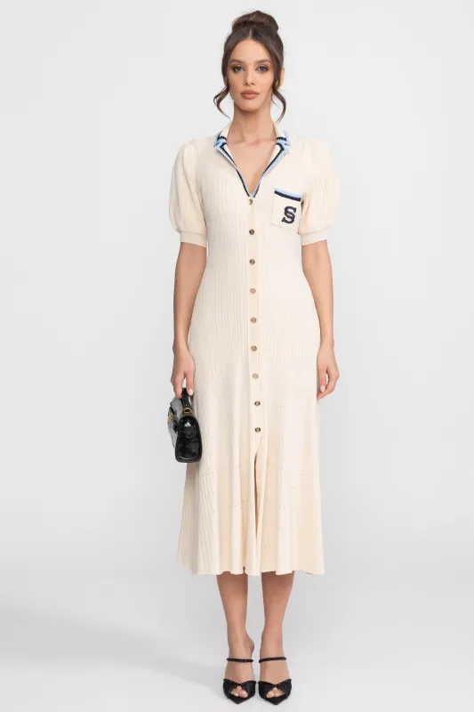 Short Sleeve Knit Midi Dress With Polo Collar And Monogram Patch - Cream made by Sierra darien