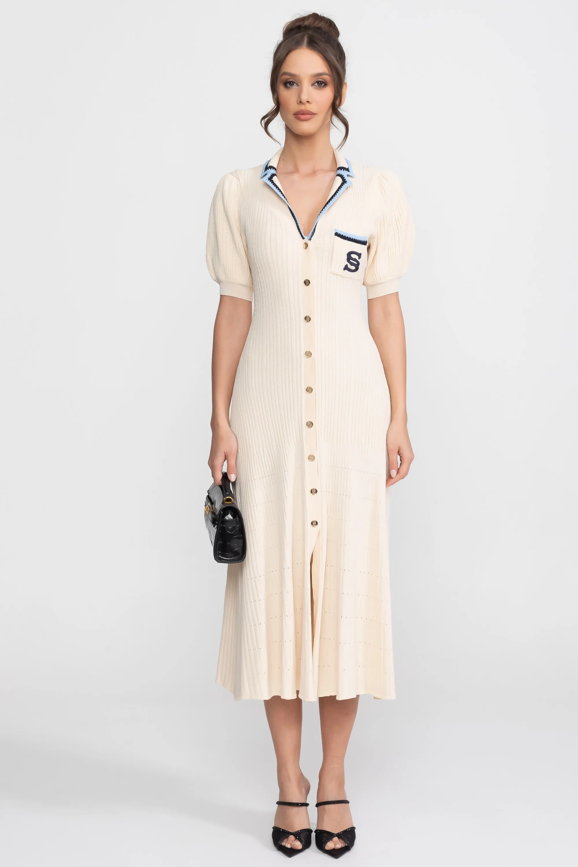 Short Sleeve Knit Midi Dress With Polo Collar And Monogram Patch - Cream sold by Sierra darien