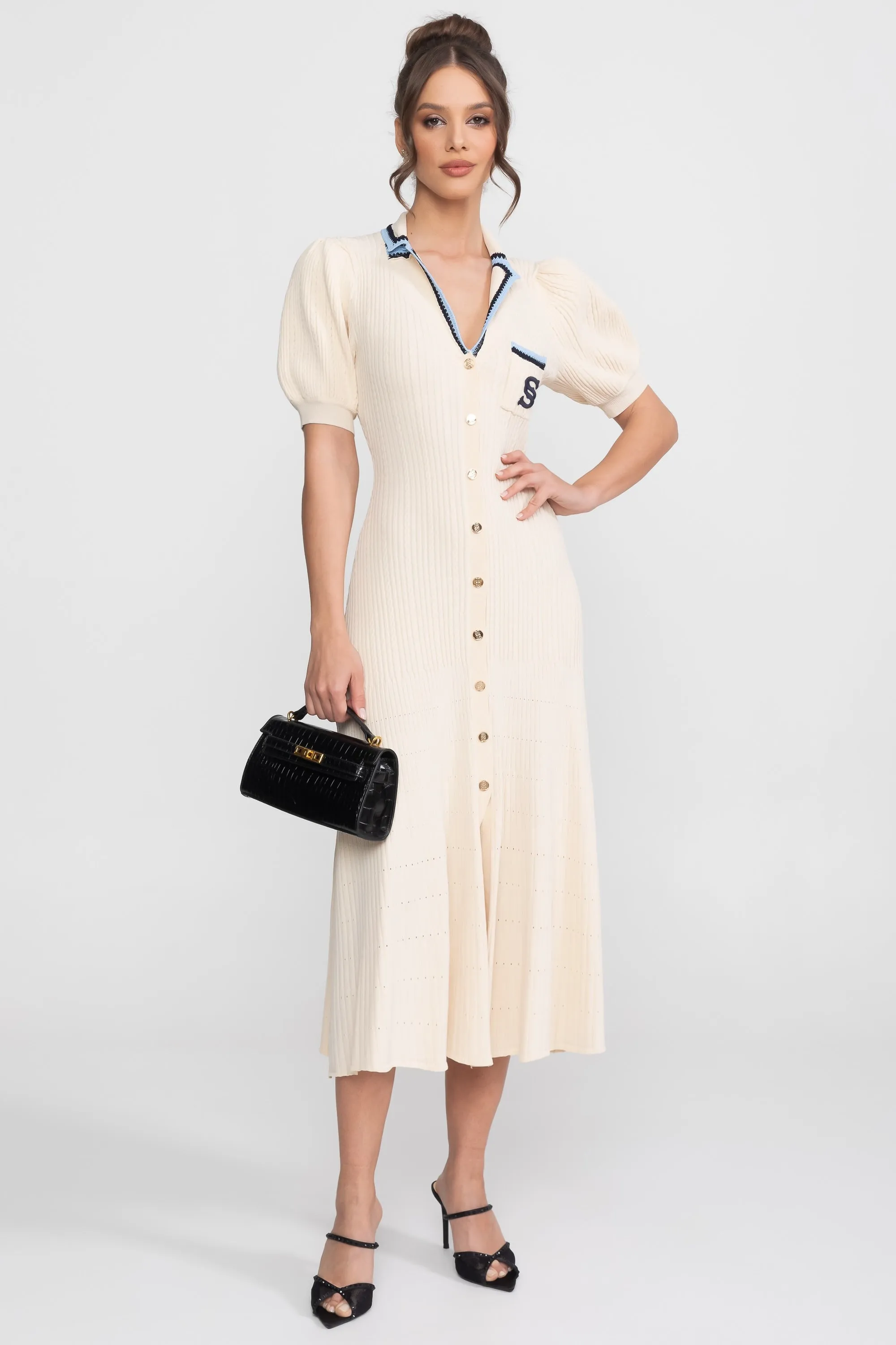Short Sleeve Knit Midi Dress With Polo Collar And Monogram Patch - Cream sold by Sierra darien product image thumbnail 2
