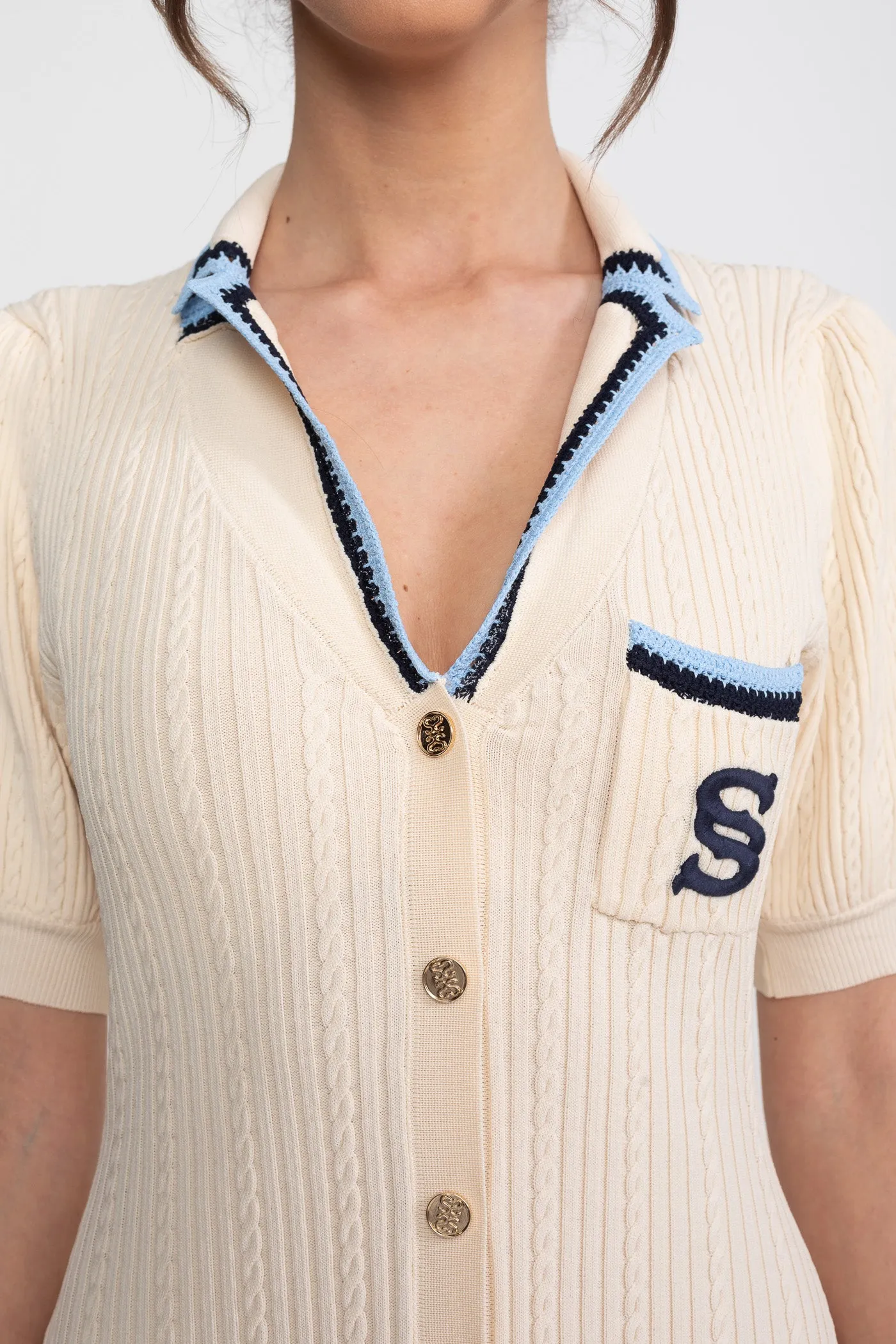 Short Sleeve Knit Midi Dress With Polo Collar And Monogram Patch - Cream sold by Sierra darien product image thumbnail 4