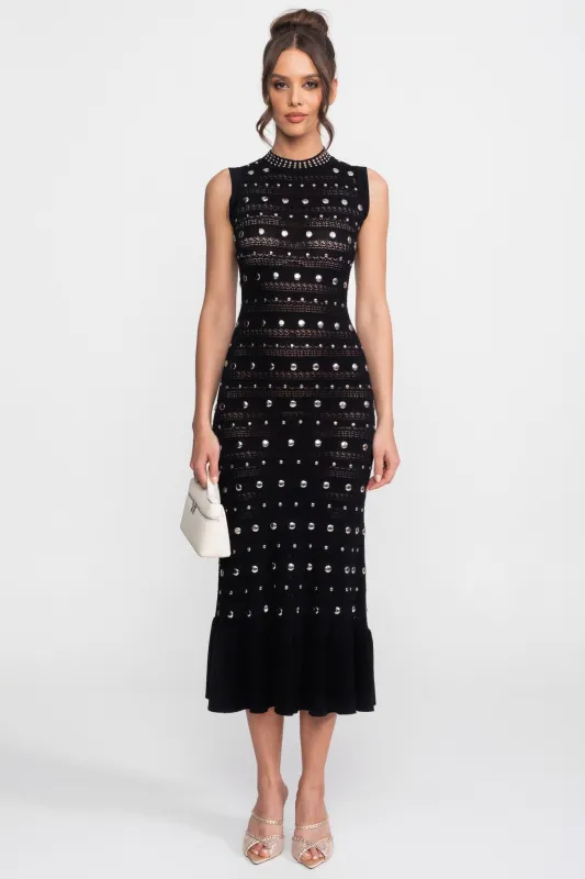 Embellished Knit Midi Dress With High Neck And Ruffle Hem - Black made by Sierra darien