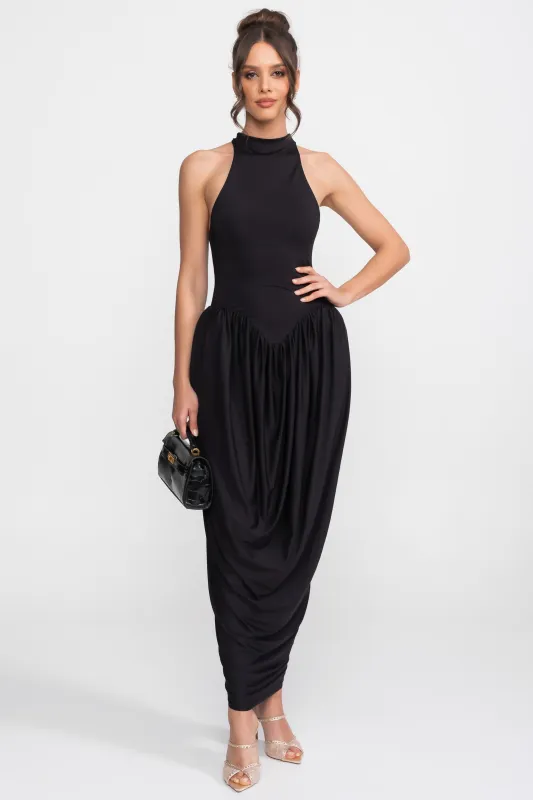 Halter-Neck Maxi Dress With Gathered Balloon Skirt - Black made by Sierra darien