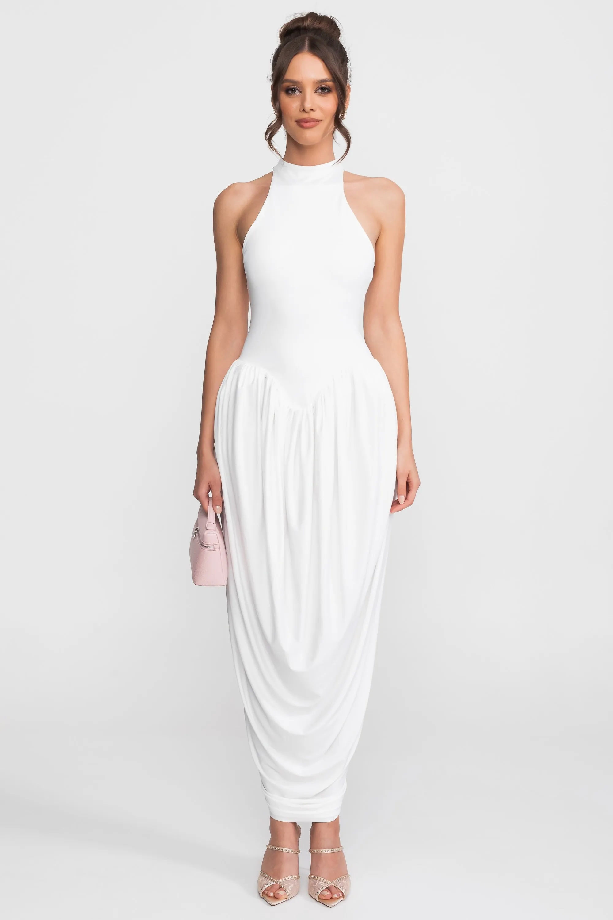 Halter-Neck Maxi Dress With Gathered Balloon Skirt - White sold by Sierra darien
