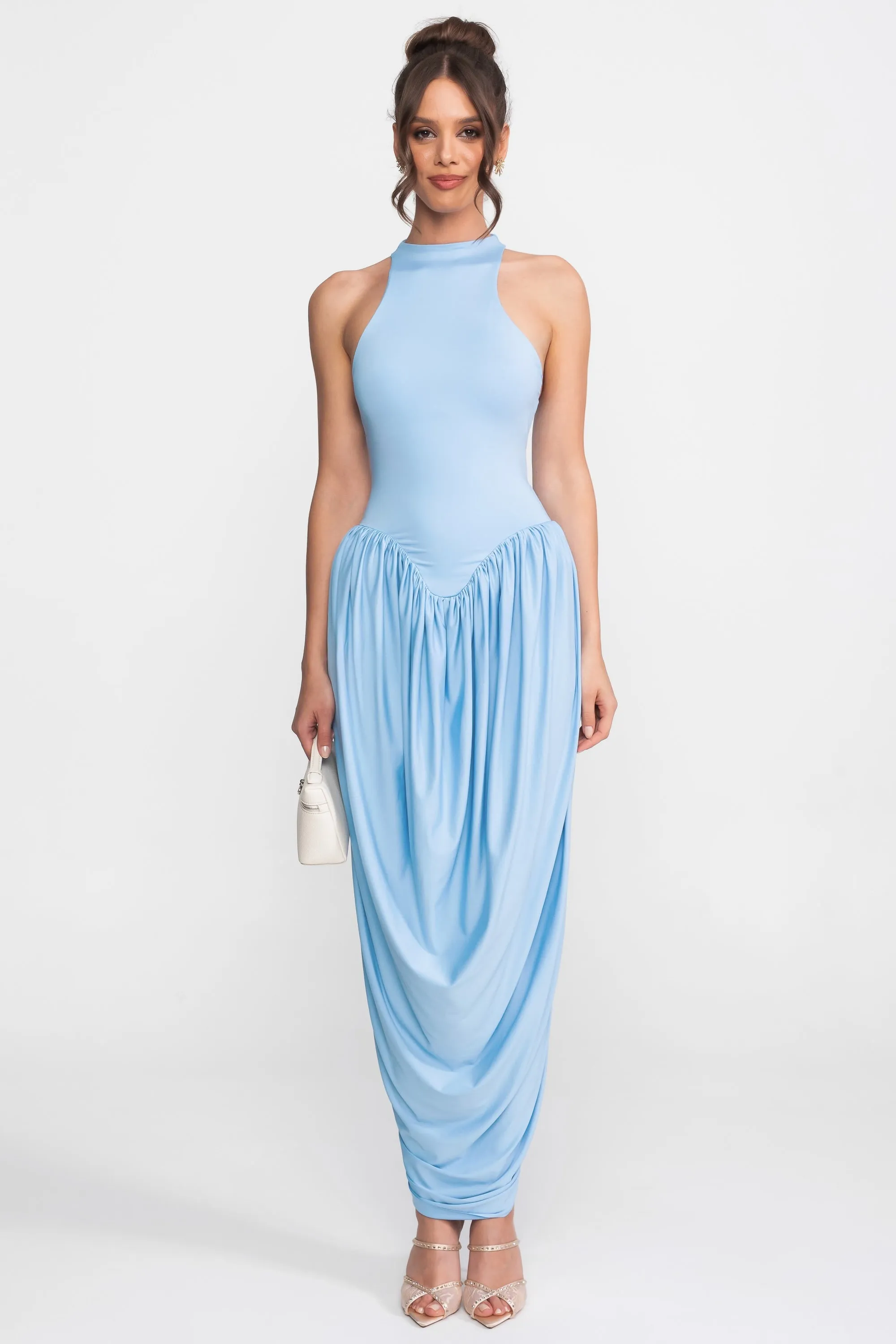 Halter-Neck Maxi Dress With Gathered Balloon Skirt - Light Blue sold by Sierra darien