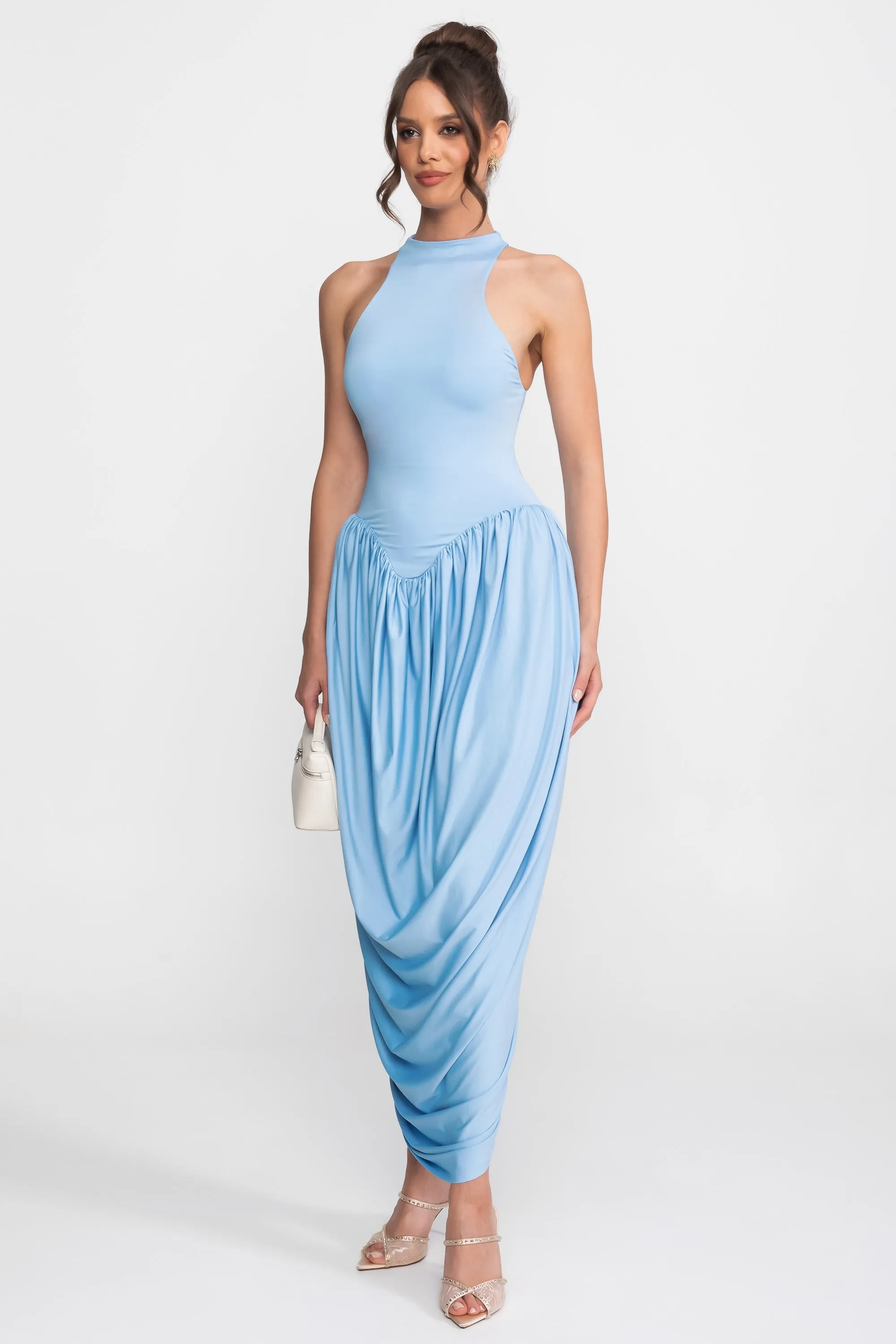 Halter-Neck Maxi Dress With Gathered Balloon Skirt - Light Blue sold by Sierra darien product image thumbnail 2