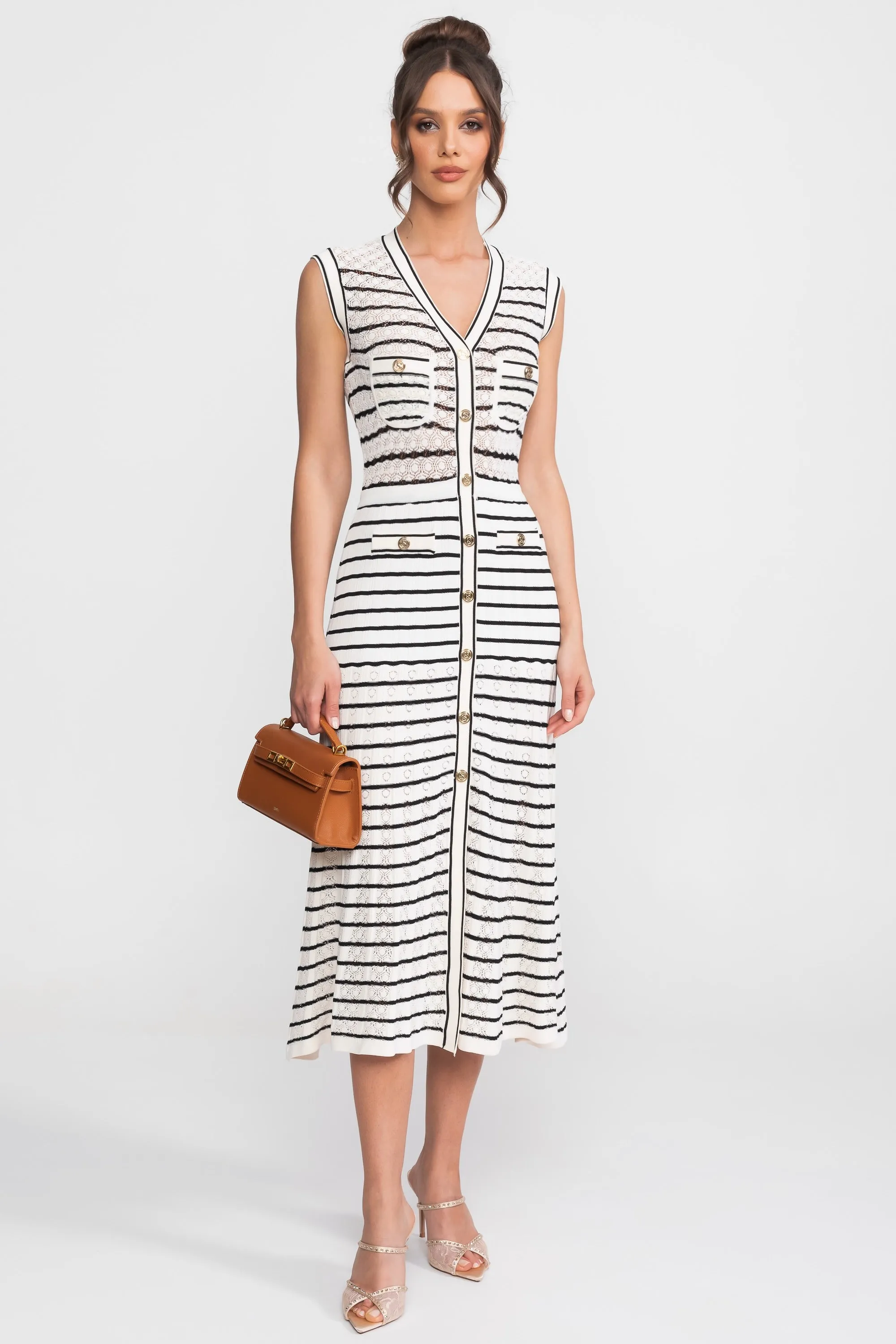 Striped Sleeveless Knit Midi Dress With V-Neck And Gold Buttons - White/Black sold by Sierra darien product image thumbnail 2