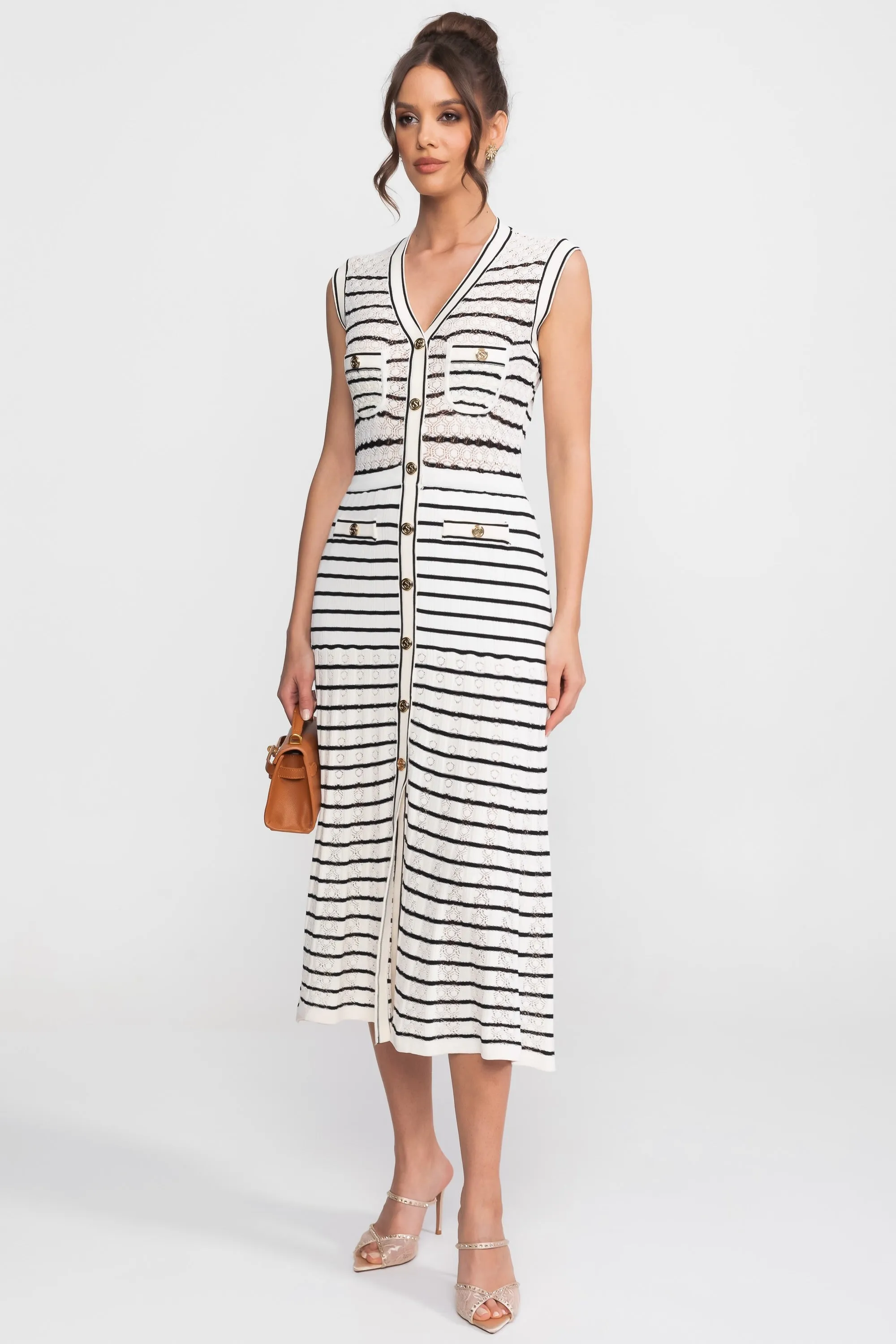 Striped Sleeveless Knit Midi Dress With V-Neck And Gold Buttons - White/Black sold by Sierra darien product image thumbnail 3