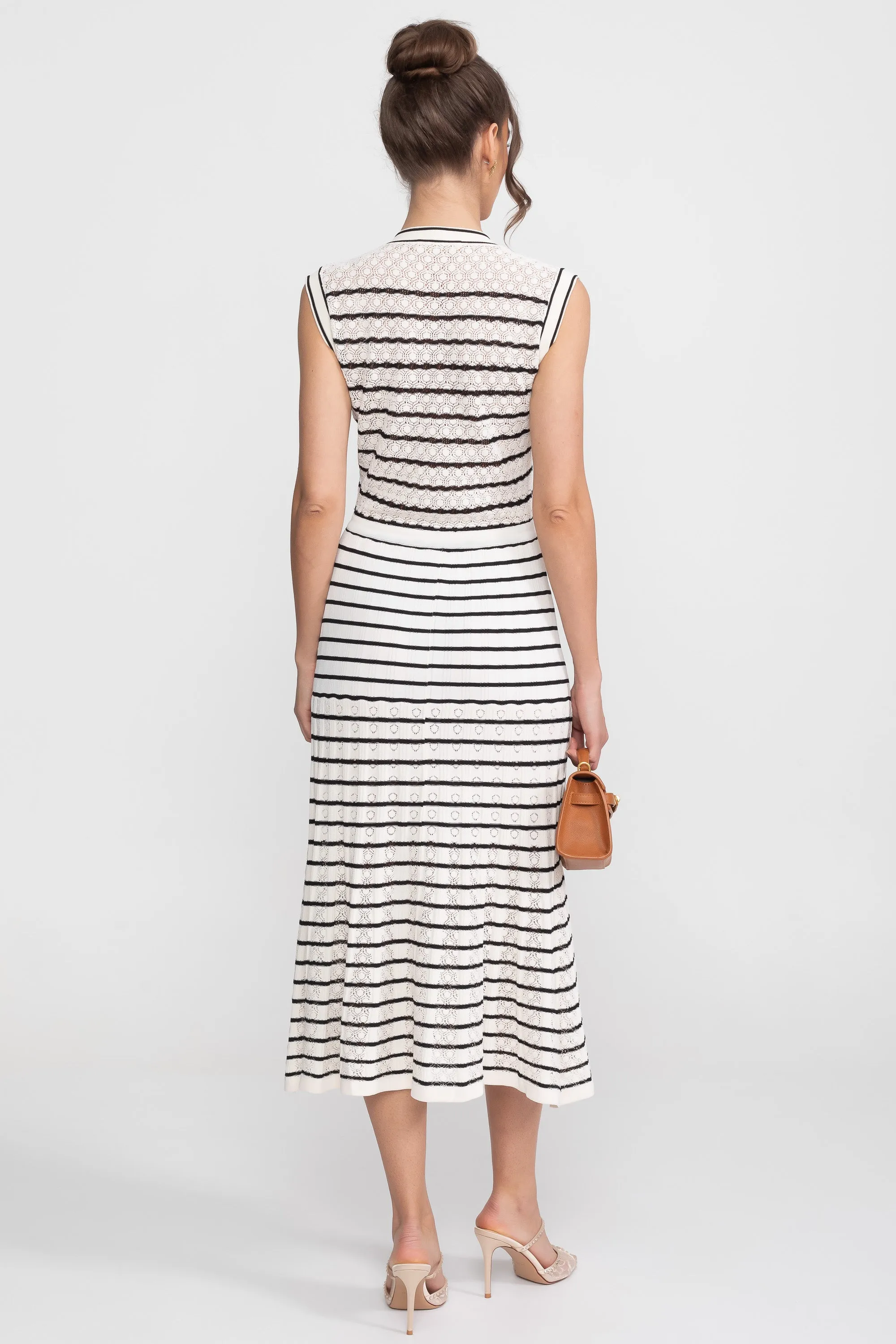 Striped Sleeveless Knit Midi Dress With V-Neck And Gold Buttons - White/Black sold by Sierra darien product image thumbnail 4