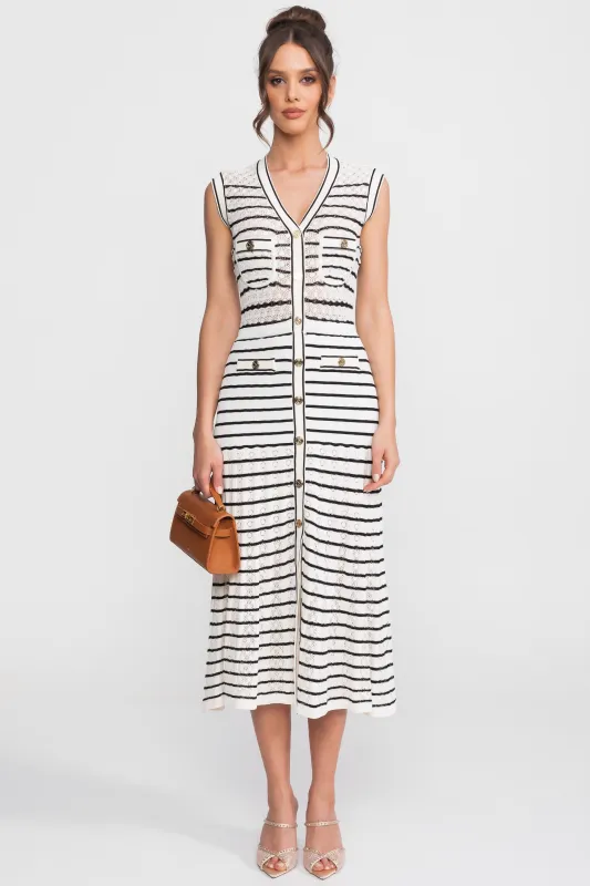 Striped Sleeveless Knit Midi Dress With V-Neck And Gold Buttons - White/Black made by Sierra darien
