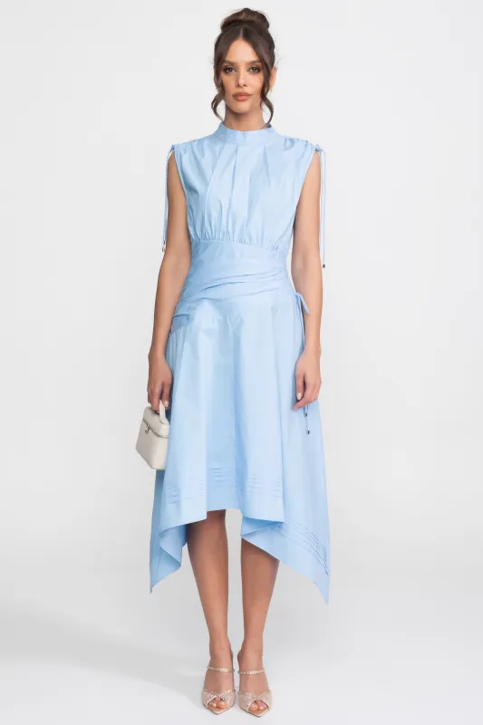 Sleeveless Asymmetric Midi Dress With Ruched Waist And Handkerchief Hem - Light Blue made by Sierra darien