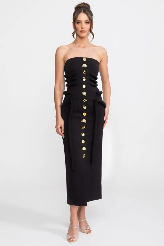 Midi Dress With Sculptural Knotted Bodice Detail And Jewel Buttons - Black made by Sierra darien