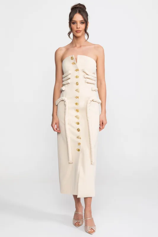 Strapless Midi Dress With Sculptural Knotted Bodice Detail And Jewel Buttons - Cream made by Sierra darien