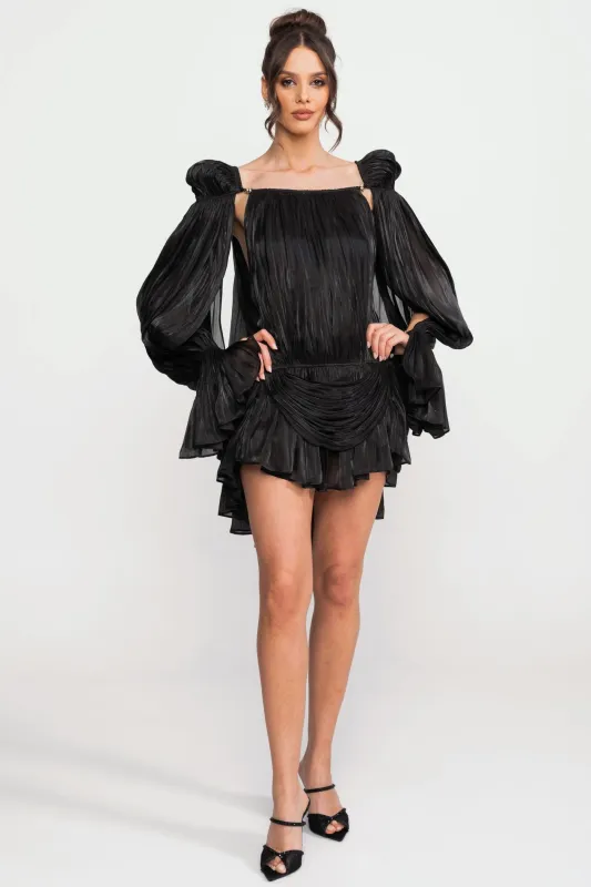 Sheer Draped Mini Dress With Cape Sleeves And Gold Clip Detail - Black made by Sierra darien